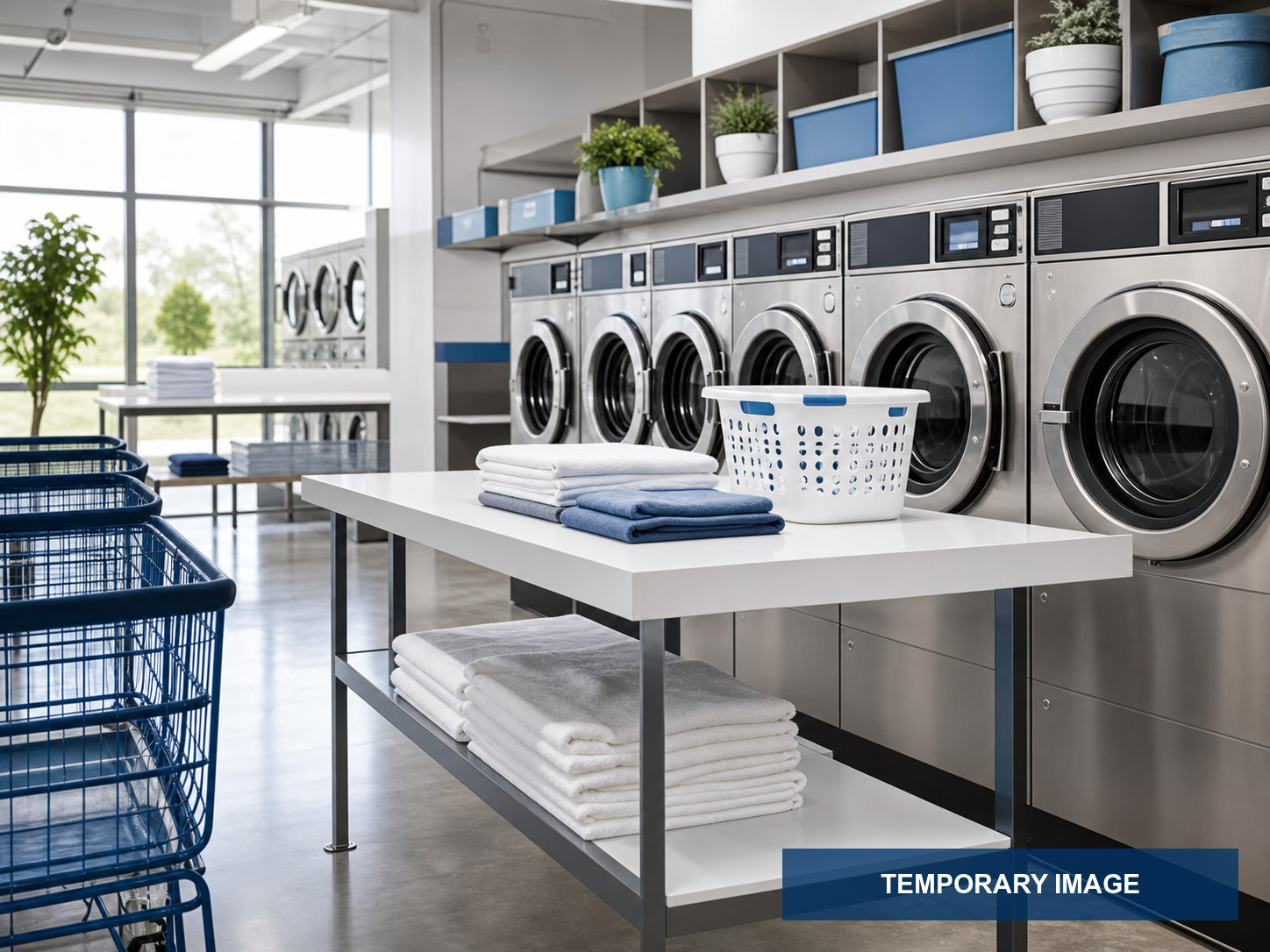 Bright seating and folding area inside a modern laundry facility