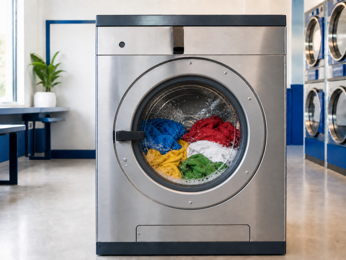 Commercial washer with colorful clothes, visible water, and light soap suds