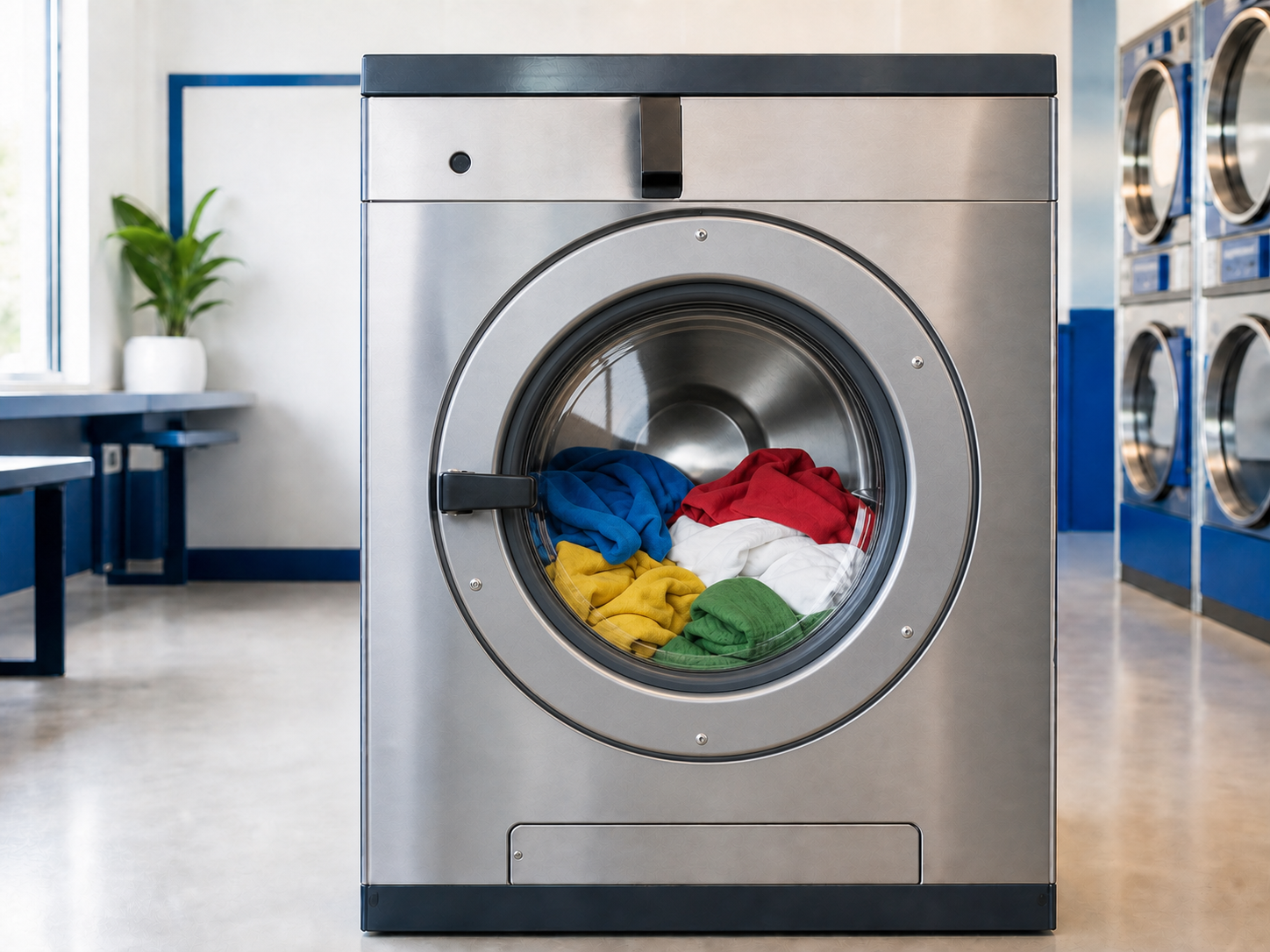 Commercial washer with a colorful, loosely filled laundry load and visible space in the drum