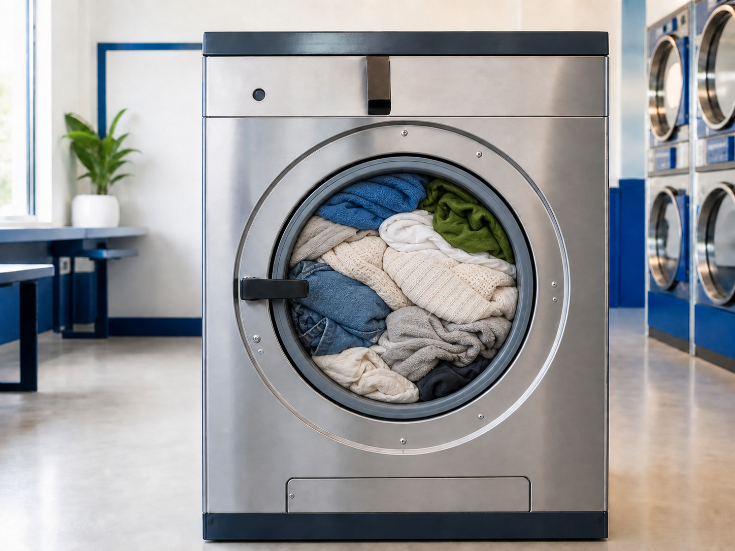 Commercial washer packed tightly with too much laundry