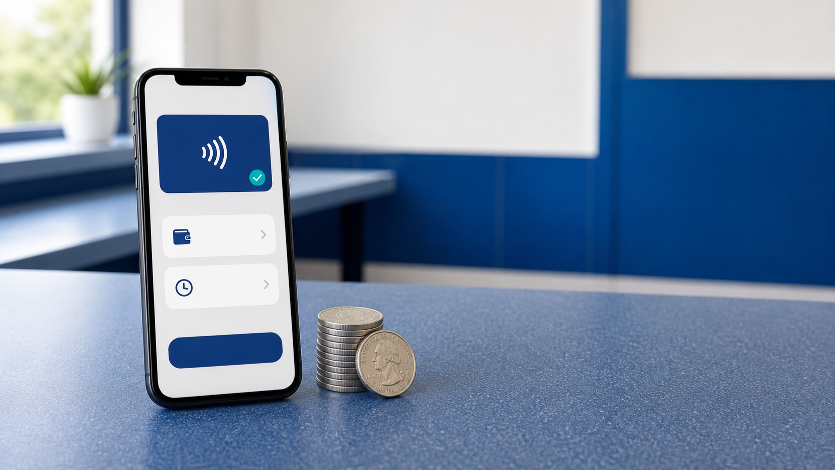 Smartphone with a generic mobile payment screen and quarters on a laundromat folding table