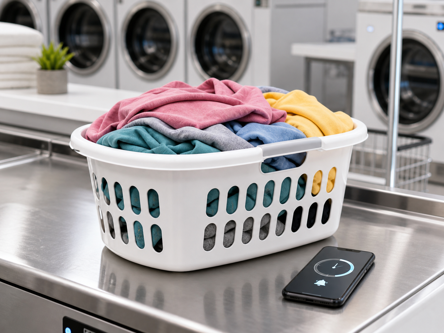 Laundry basket with colorful clothes and a smartphone timer cue in a clean laundromat