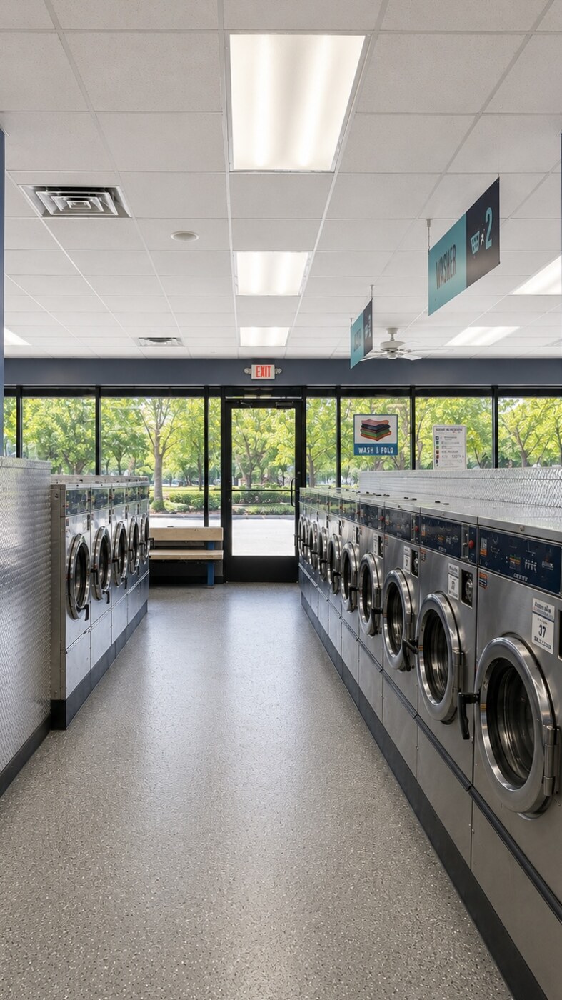 Clean aisle with washers at WashFoundry Santa Clara
