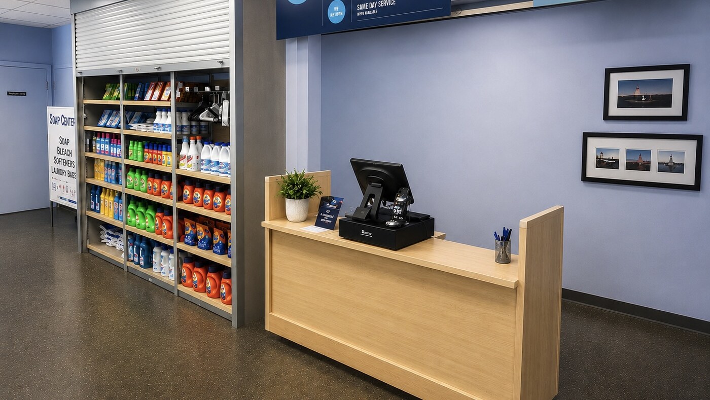 Service counter and laundry supplies at WashFoundry Santa Clara