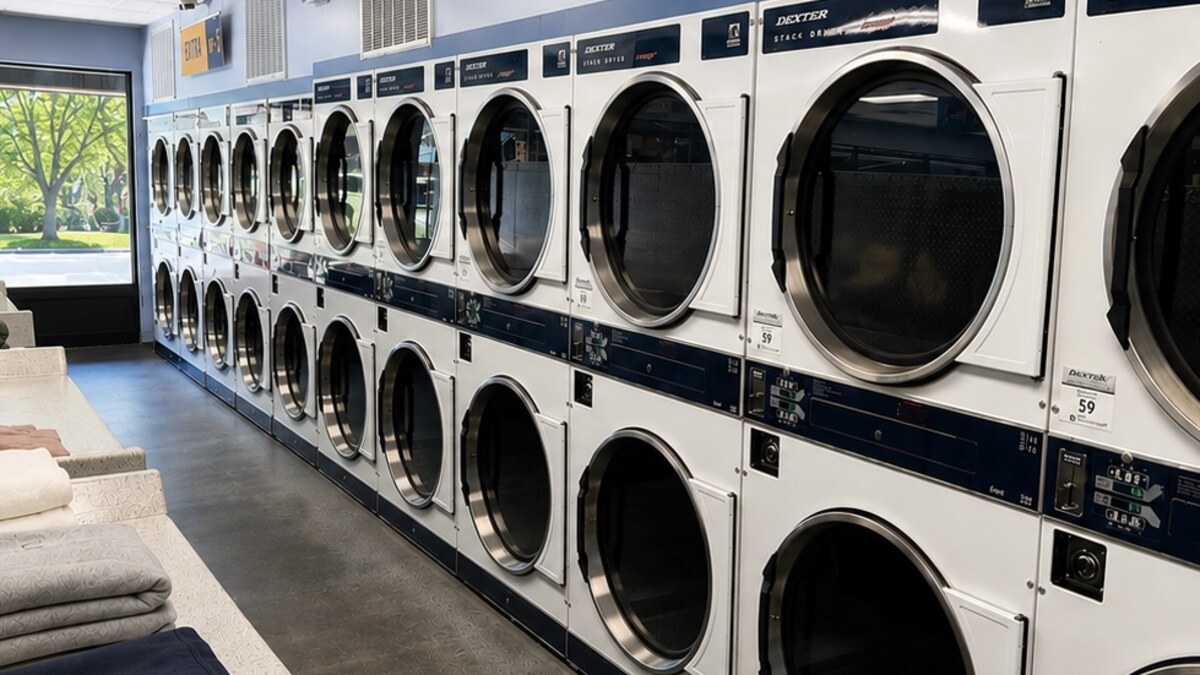 Stacked dryers inside WashFoundry Santa Clara